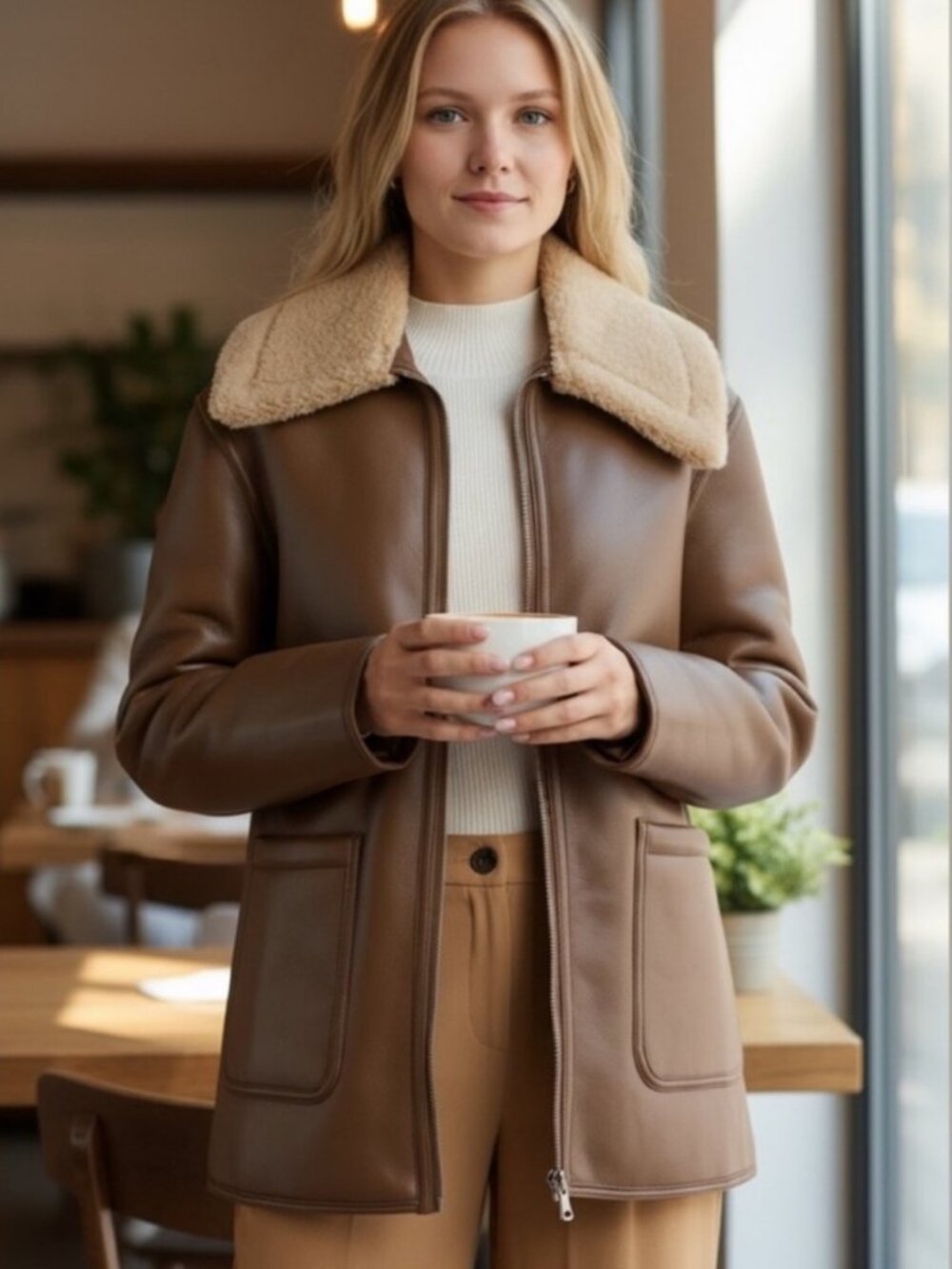 NWOT JASON WU Brown/Tan Faux Shearling Collar Faux Leather Coat in Medium